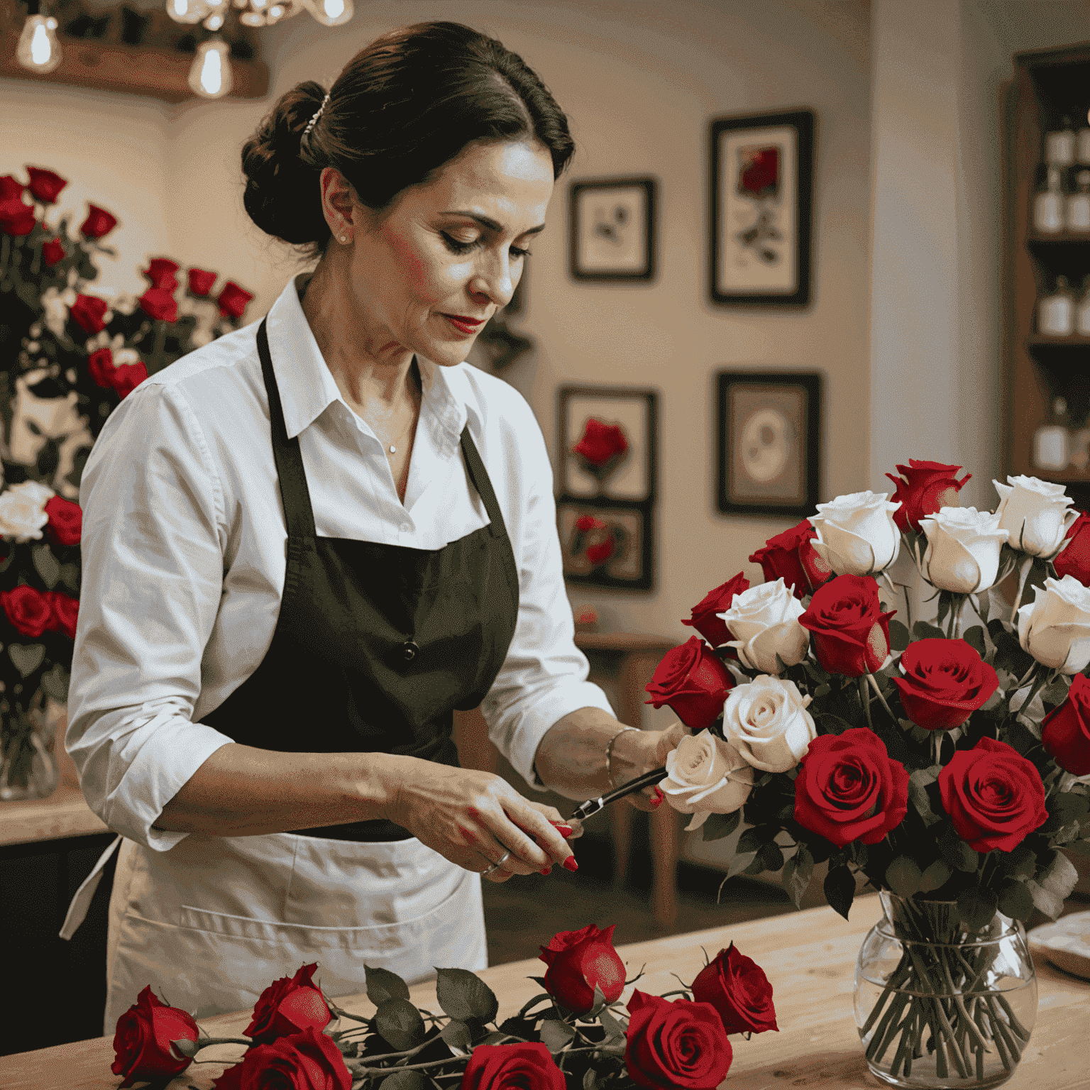 Foto de Maria Silva, florista chefe, arrumando um buquê de rosas vermelhas e brancas