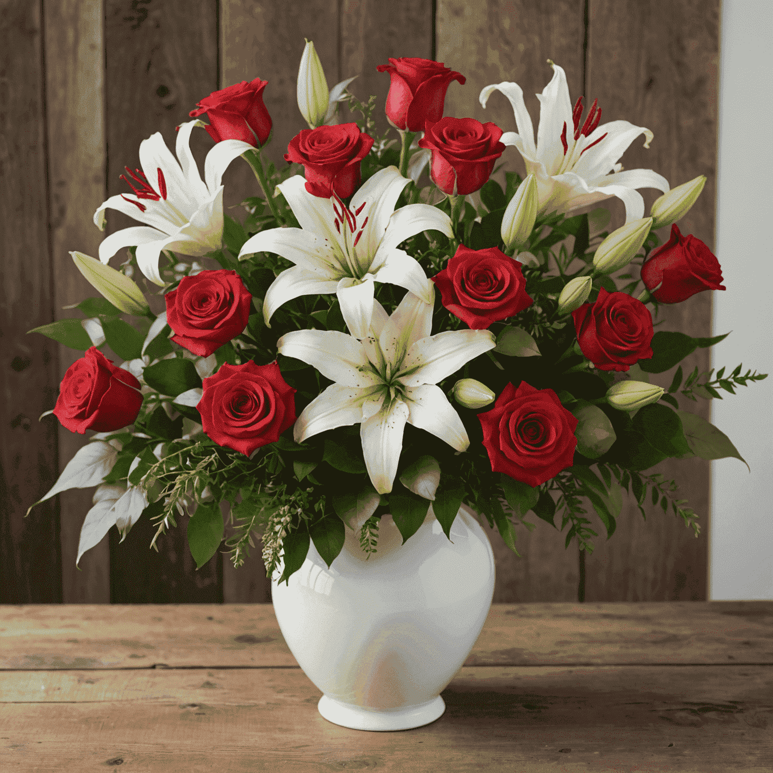 Um arranjo floral elegante com uma mistura de rosas vermelhas, lírios brancos e folhagens verdes em um vaso de cerâmica branca sobre uma mesa de madeira