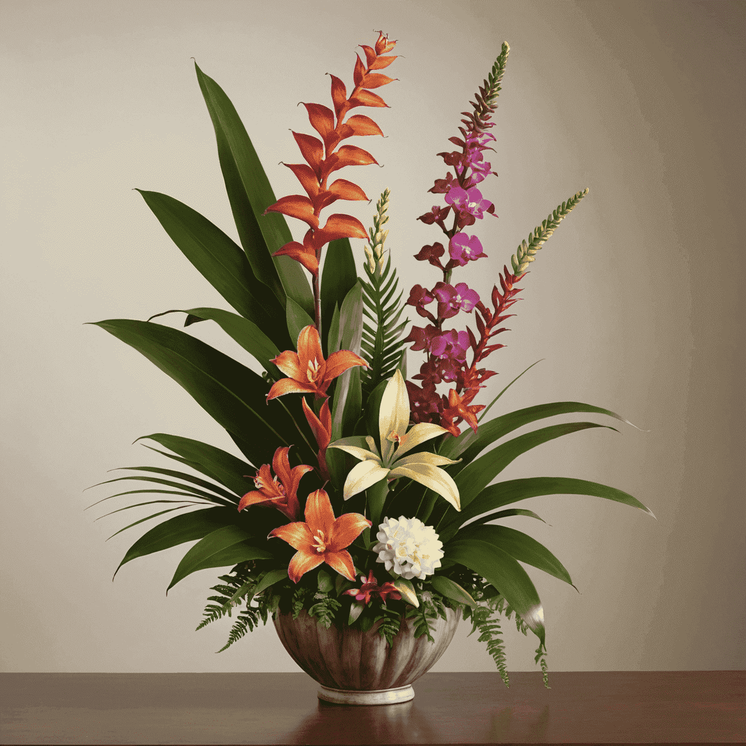 Arranjo floral exuberante com flores tropicais brasileiras, incluindo orquídeas, bromélias e helicônias, em um vaso elegante