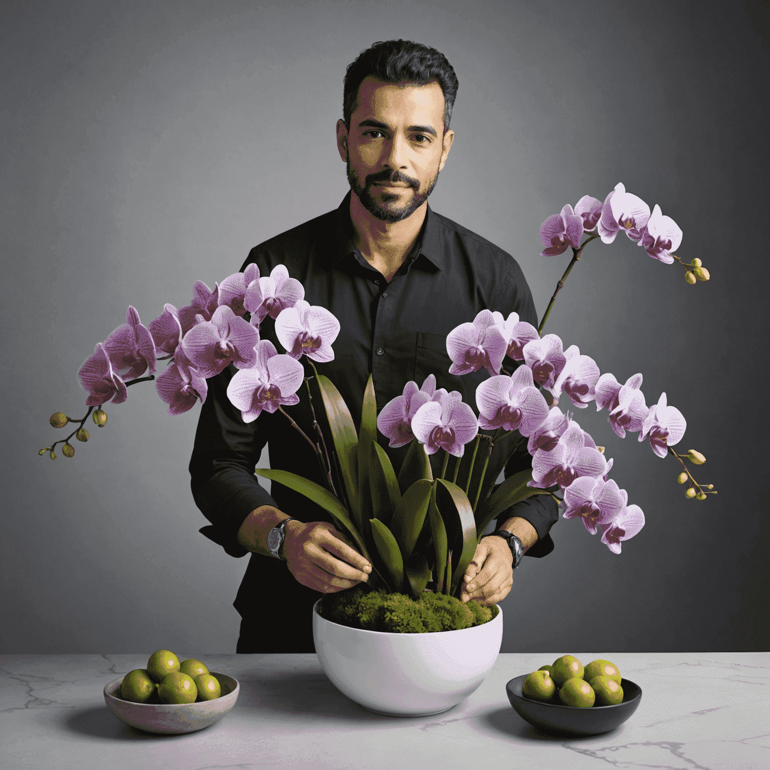 Foto de João Santos, designer floral, criando um arranjo moderno com orquídeas