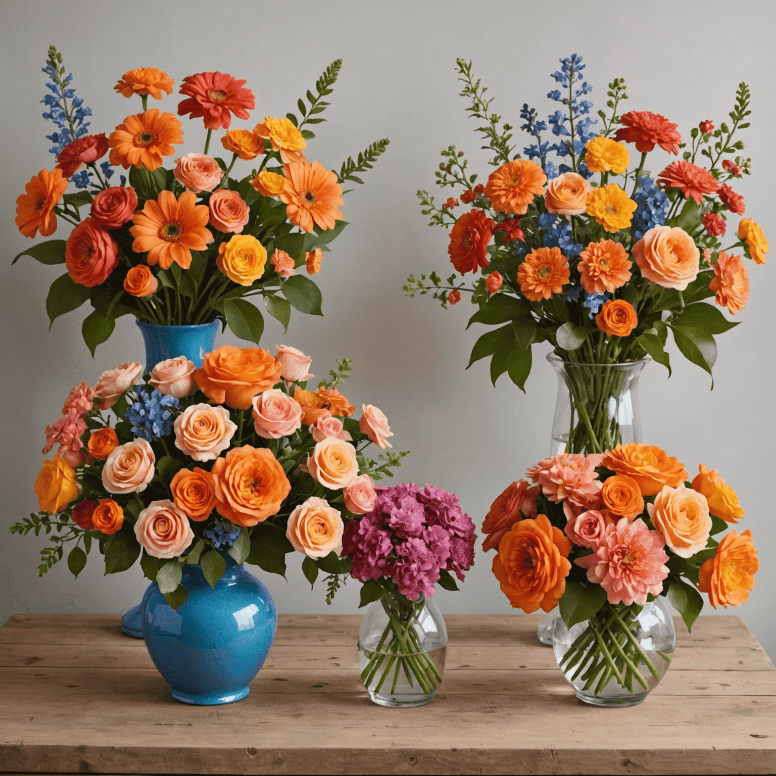 Três arranjos florais lado a lado demonstrando diferentes esquemas de cores: monocromático com tons de rosa, complementar com laranja e azul, e análogo com amarelo, laranja e vermelho