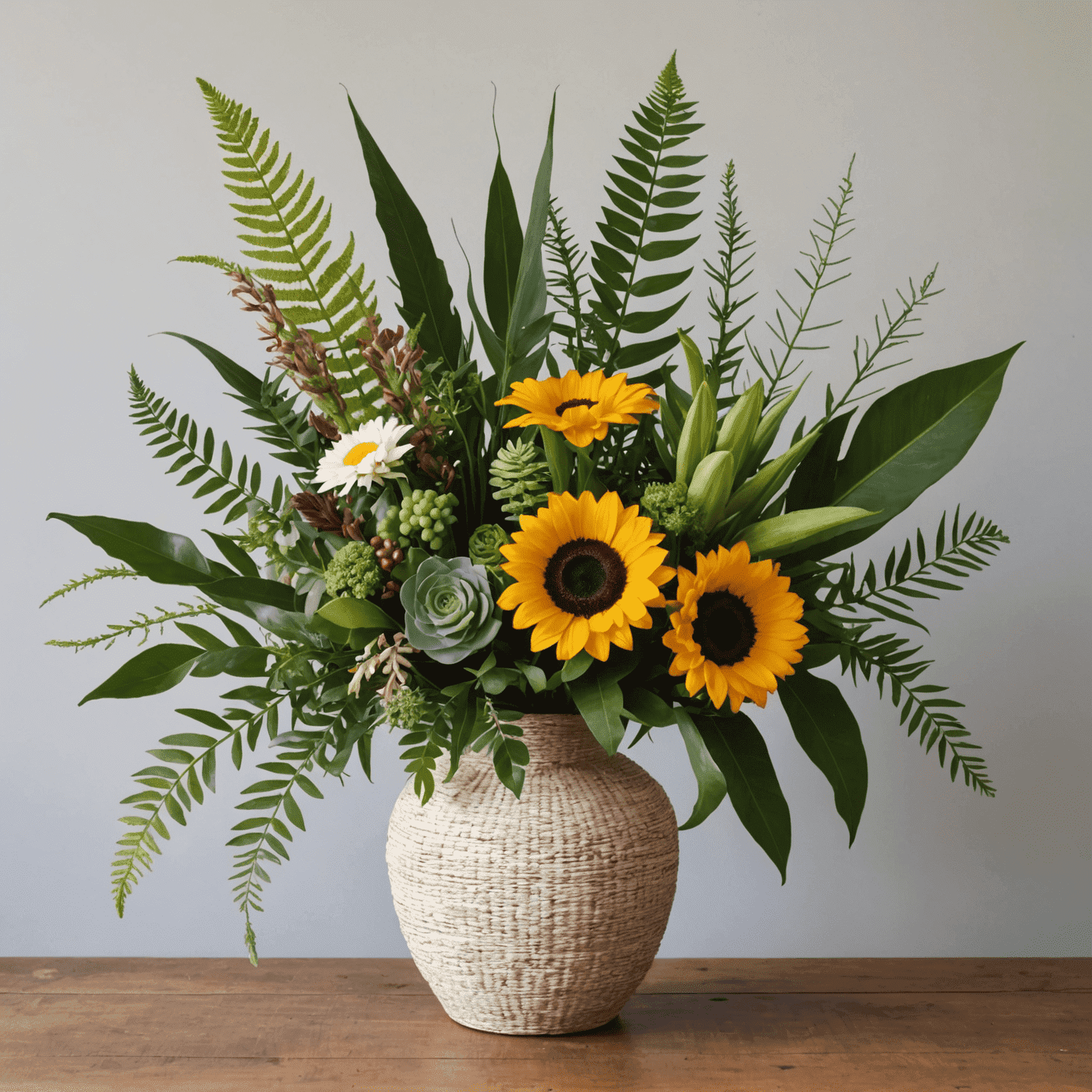 Arranjo floral sustentável feito com flores e folhagens nativas brasileiras, em um vaso reciclado