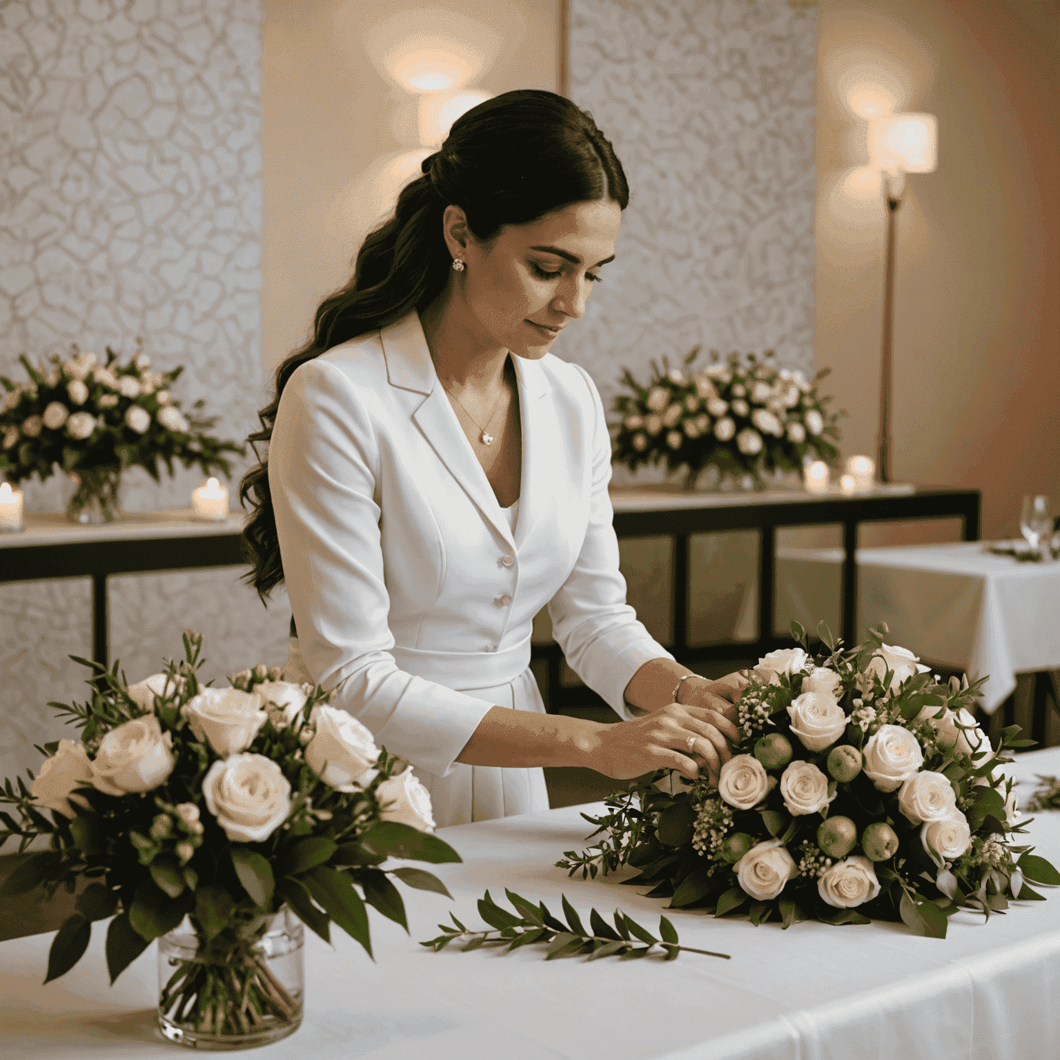 Foto de Ana Oliveira, especialista em eventos, organizando flores para um casamento