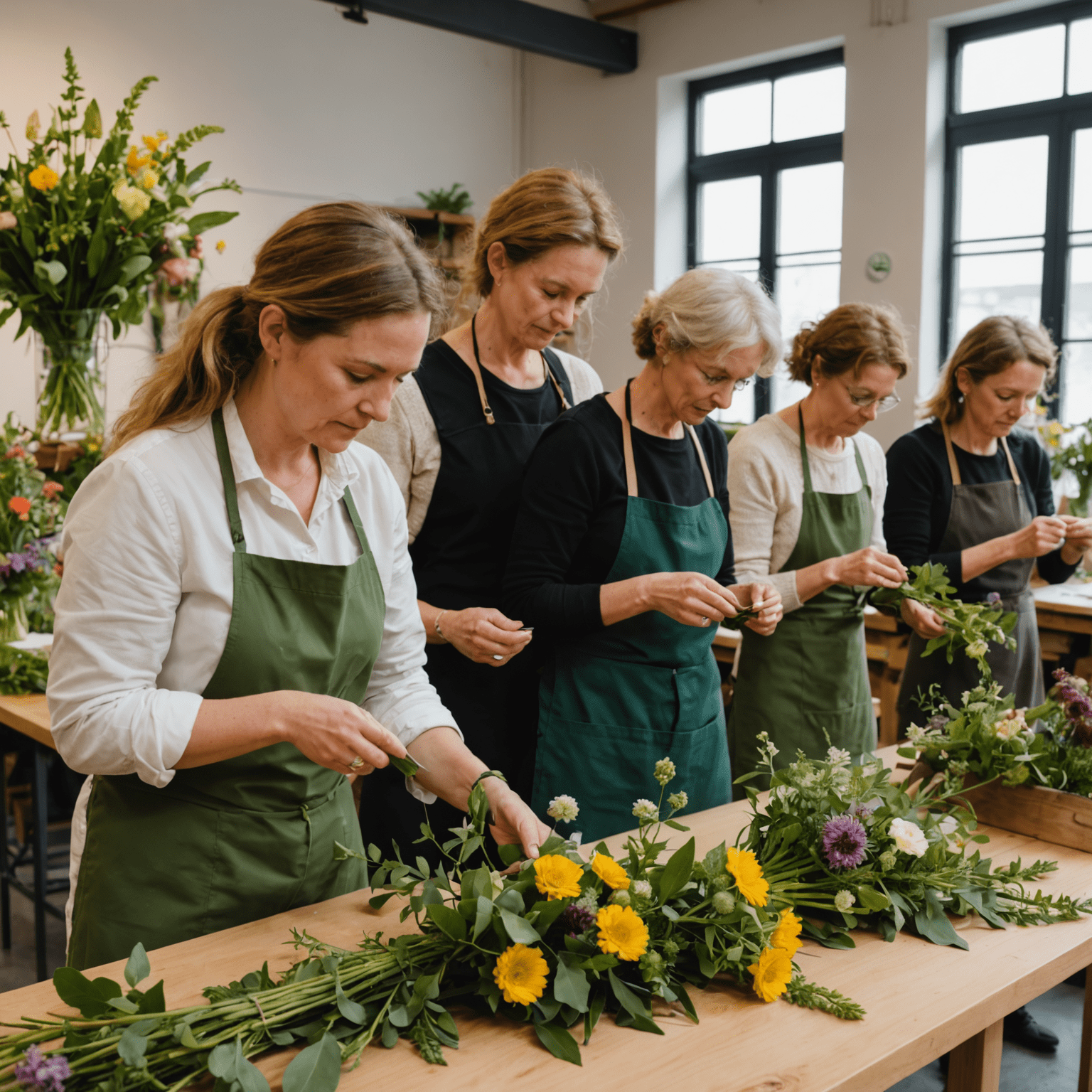 Workshop de floricultura sustentável, mostrando participantes aprendendo técnicas ecológicas de design floral