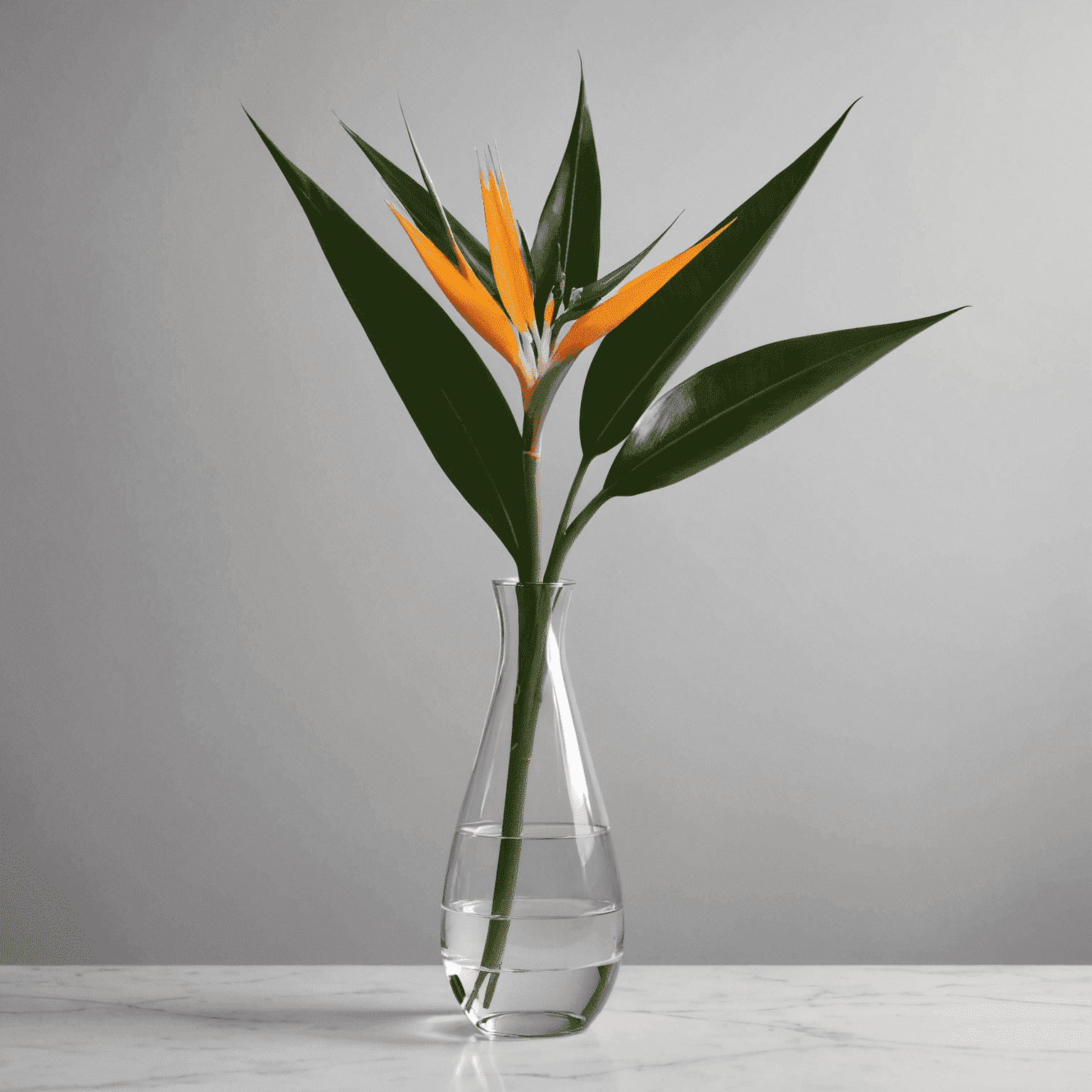 Arranjo floral minimalista com uma única e impressionante ave-do-paraíso em um vaso moderno e simples